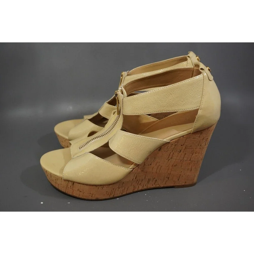 Michael Kors Damita 9.5M Tan Leather Cork Wedge Espadrille T-Strap Sandals Logo
